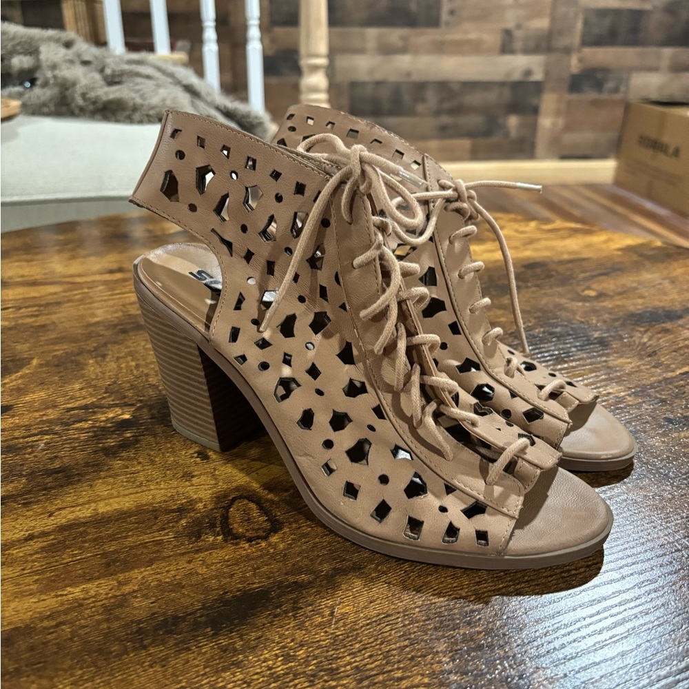 TAN SODA OPEN TOE HEELS